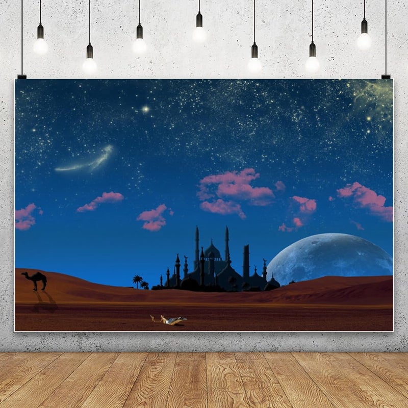 AOFOTO 7x5ft Magic Aladdin's Genie Lamp in Desert Backdrop Fantasy Arabian Theme Starry Sky Night Stars Mosque Background for Photography Wish Mysterious Luck Mythology Fairy Tale Photoshoot Props - Image 2